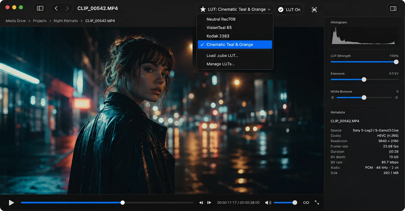 Loglux playing a clip with the LUT menu open
